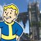 A cartoon Vault Boy gives a thumbs up in front of an old, broken down bridge.